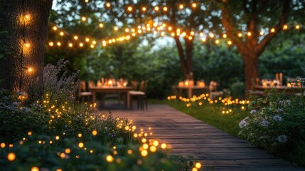 Candles are lit up on a wooden walkway in a garden