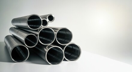 Fototapeta premium Stacked Metal Pipes Against White Background