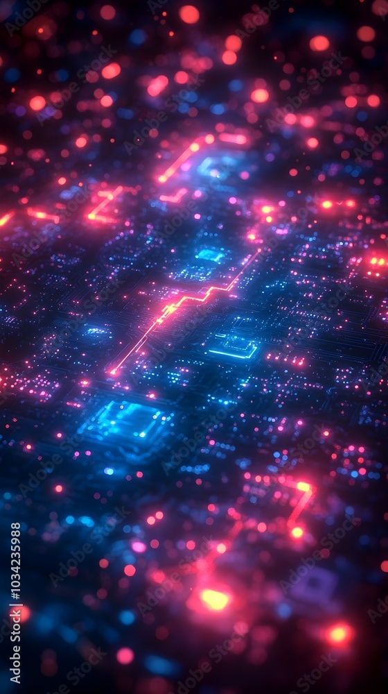Poster futuristic digital background featuring neon lit circuit boards cascading data streams and visualiza