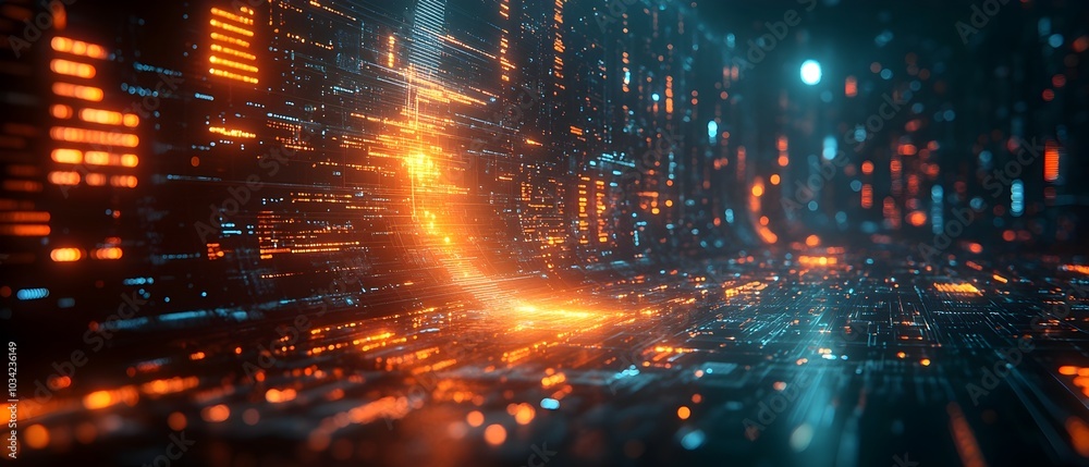Poster glowing futuristic digital environment with state of the art scientific instrumentation computationa
