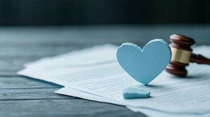 Divorce Drama Broken Heart Above Documents - Shattered Love Symbol with Court Hammer and Tears Representing Emotional Turmoil