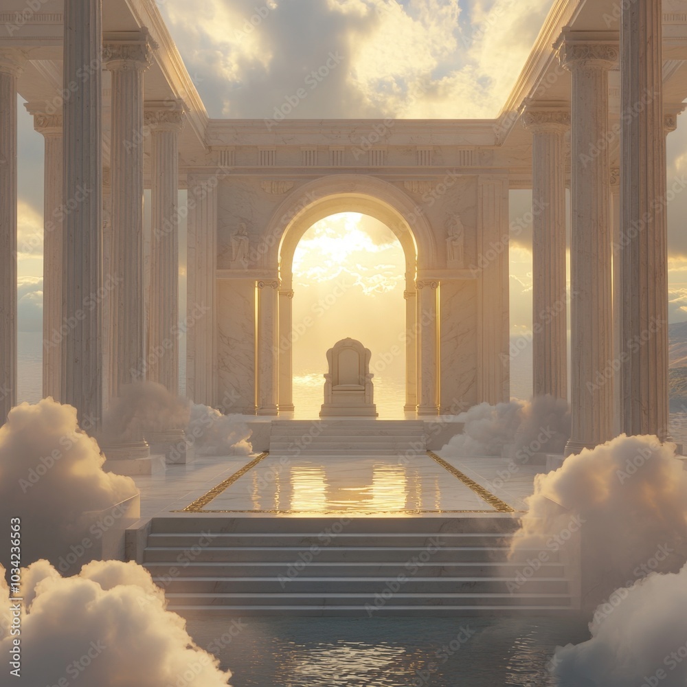 Poster a throne sits in a white marble temple with an archway leading to a golden sunset.