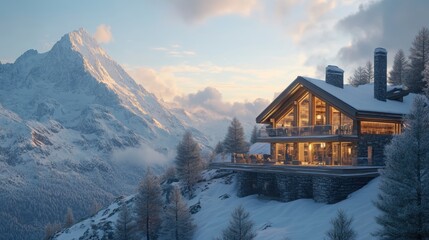 Fototapeta premium Modern cabin perched on snowy mountainside.