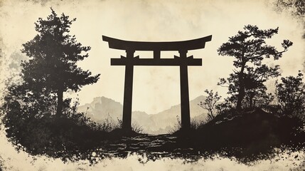 Silhouette of a traditional Japanese torii gate, layered with delicate paper cut details, representing cultural or spiritual significance