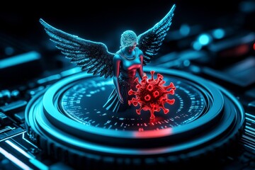 Holographic angelic figure emerging from data streams, dispelling a digital virus