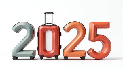 Naklejka premium Colorful numbers 2025 as luggage made of modern polycarbonate wheeled suitcases isolated on white background