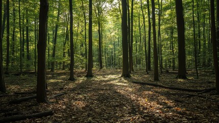 Fototapeta premium Sunlight dappled through forest trees.