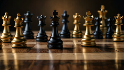 Black gold chess pieces surround the black king winner in the chess board game tournament. idea strategy examining it