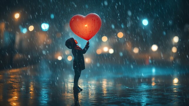 Child holding heart-shaped balloon under rain, glowing city lights in background, capturing a moment of joy.