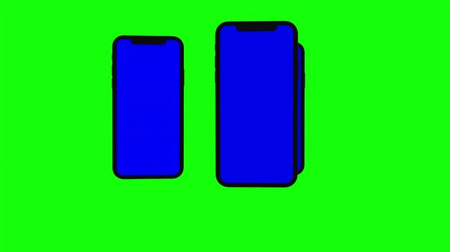 Three Black smartphone turns on on green background. Easy customizable blue screen. Computer generated image.