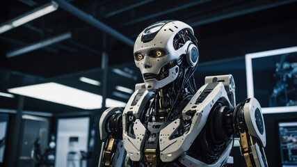 A military robot designed for combat, equipped with advanced armor and weaponry. Its imposing presence reflects strength, precision, and futuristic warfare