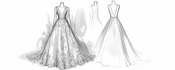 Two simple sketches of a wedding dress.