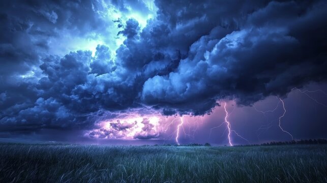 A thunderstorm rolling over a field, with dark clouds, lightning flashes, and rain pouring down