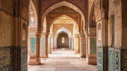 Fototapeta premium Ornate archway hallway with patterned tiles.