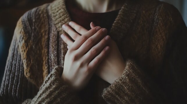 Close-up of hands gently placed on chest, wearing a cozy knitted sweater, warm and inviting atmosphere.