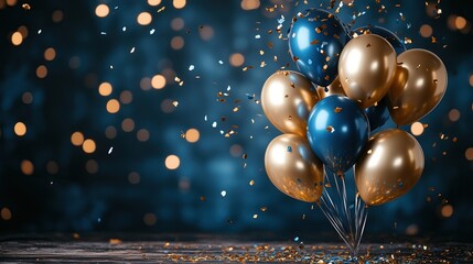 Fototapeta premium A cluster of shiny gold and blue balloons is on a wooden surface.