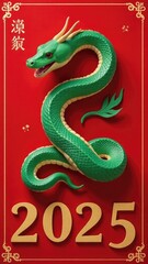 Fototapeta premium Intricate green dragon artwork for Chinese New Year 2025 on vibrant red background.