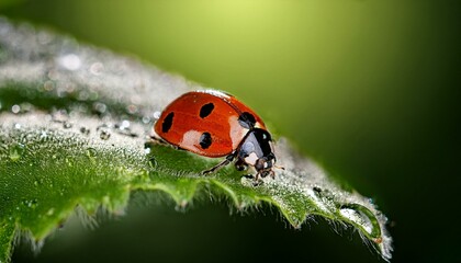 Fototapeta premium Macro photo of a ladybug on leaves in the garden