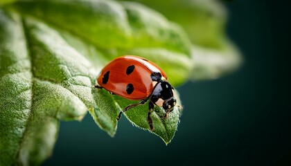Fototapeta premium Macro photo of a ladybug on leaves in the garden