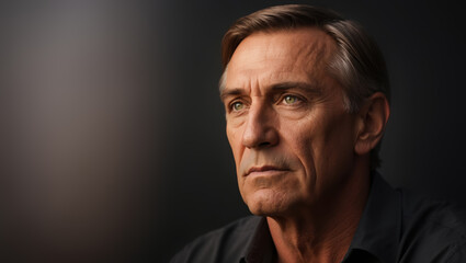 Obraz premium Mature man with grey hair looking away from camera on dark background