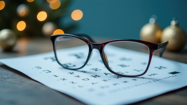 Eye chart glasses with holiday ornament on a blurred background