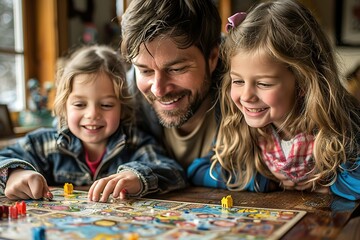 Fototapeta premium family playing board games together living laughter smiles person room free space text