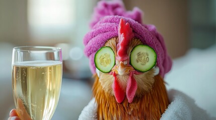 A chicken enjoys a relaxing spa day with cucumber slices on its eyes and a glass of bubbly.