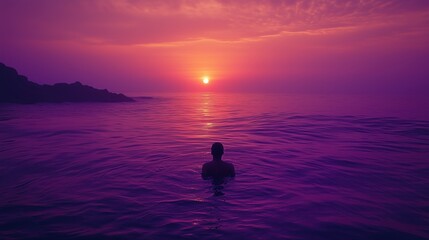 Person Swimming in Purple Ocean at Sunset