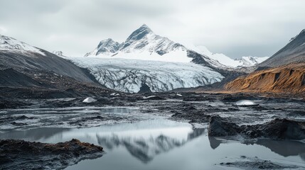 Glacier melts into a mountain lake.