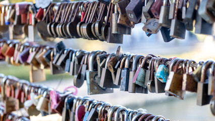 Love lock hung on bridge in prague, prague, budapest, europe to represent love