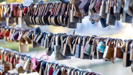 Love lock hung on bridge in prague, prague, budapest, europe to represent love