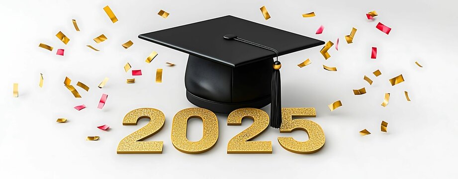 A vibrant and festive representation of graduation featuring a classic mortarboard hat the year 2025 and colorful confetti symbolizing achievement and celebration.