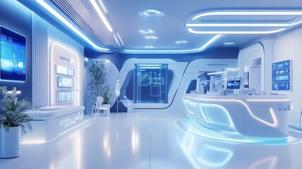 A futuristic lab interior with sleek white furniture and blue glowing accents, creating a modern and sterile atmosphere.