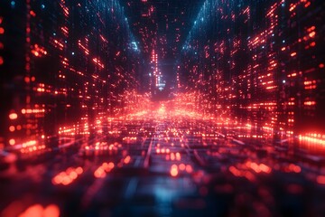 Obraz premium Cinematic digital space showcasing the future of technological innovation quantum computing cryptography and cybersecurity with interconnected digital infrastructures and futuristic visualizations