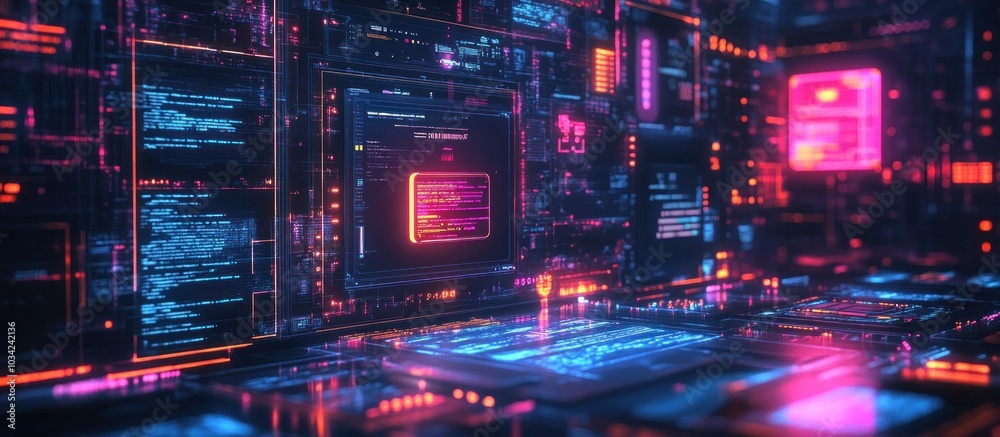 Wall mural futuristic digital interface with glowing neon lines, code, and data displays in a dark background.