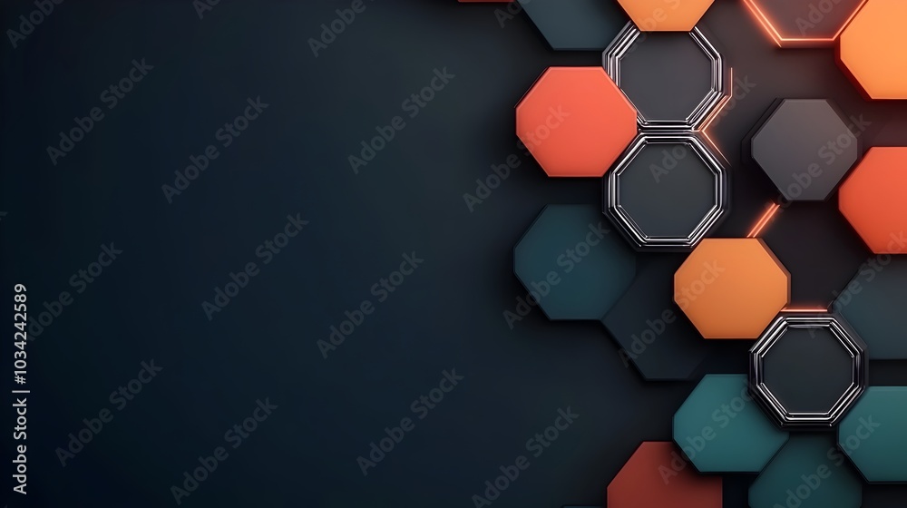 Poster sleek and minimalist digital backdrop with chrome and neon accents featuring hexagonal and geometric