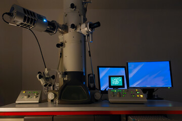 Column and control panel of an Analytical Transmission Electron Microscope (ATEM), laboratory...