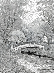 Fototapeta premium coloring page of beautiful french landscape anti-stress , coloring book page, clean line art, thick lines, no color, white background, only strokes