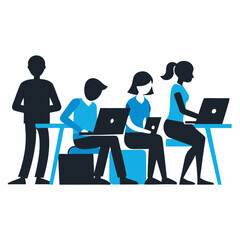 People working on laptop silhouette vector illustration on white background