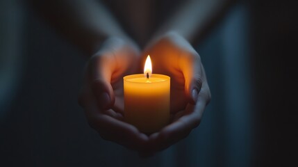 Person holding a glowing candle in hands, soft ambiance creates a warm and serene atmosphere.