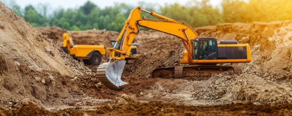 Two excavation machines work together on a construction site, digging into the earth amidst a natural landscape.