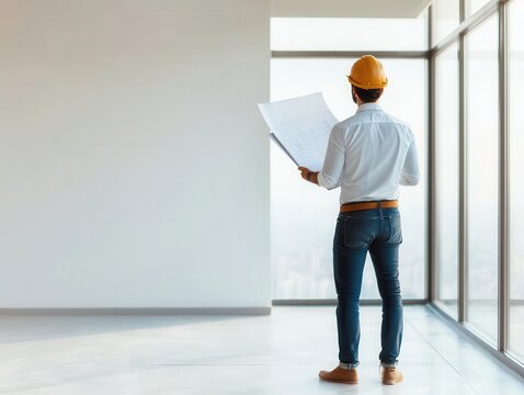 Engineer reviewing blueprint in construction office, large floortoceiling windows showcasing underconstruction buildings