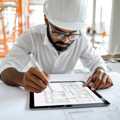 Construction engineer using digital pen to mark blueprint on tablet, integrating traditional and modern engineering tools