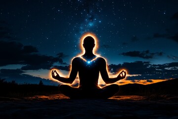 Pixelated figure meditating under a starry sky, with glowing auras forming around them