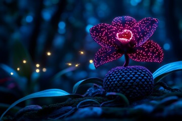 Fototapeta premium Pixelated orchid glowing softly, with blinking fireflies around