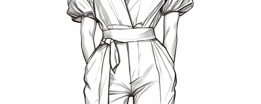 recommend clip art: Line drawing of a woman wearing a jumpsuit.