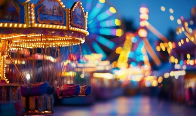A colorful carousel at night with lights.