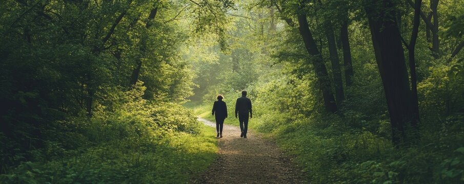 Two people walk on a forest path.