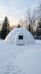 Winter igloo structure in snowy landscape, surrounded by trees under soft light.