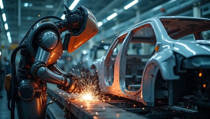 Robotic welder assembling car frames with sparks flying